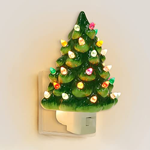 Green Ceramic Christmas Tree Night Light with Multicolor Bulbs - 6 Inch