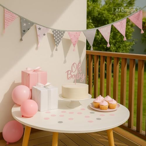 10.8ft Cotton Triangle Bunting Banner - 12 Pink & Grey Flags