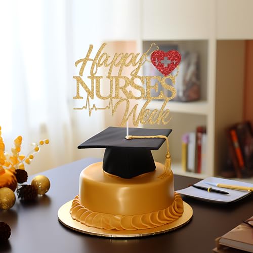 Happy Nurses Week Cake Topper - Gold & Red Glitter Decoration