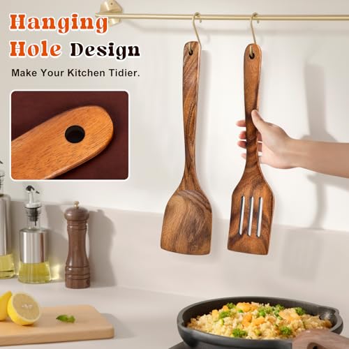 2Pcs Acacia Wooden Spatula Set - Solid & Slotted Turner Utensils