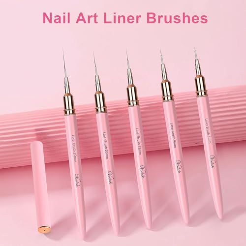 Voiluk 5Pcs Nail Art Liner Brush Set - Metal Handle Fine Detail Brushes