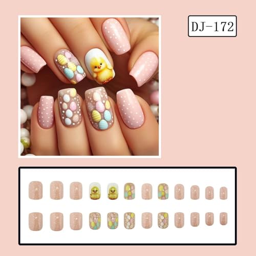 Easter Press on Nails Short Square Pink Fake Nails with Polka Dots 24 Pcs