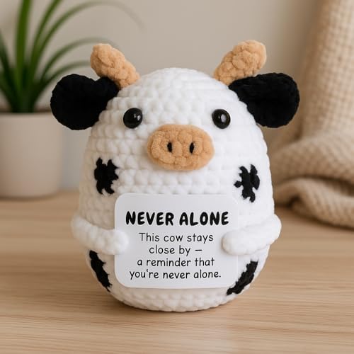Handmade Crochet Cow Plush – Emotional Support Knitted Gift with Card