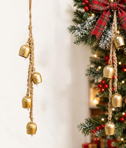 Christmas Hanging Large Cow Bells - Rustic Golden Metal Bells for Farmhouse, Garden & Holiday Décor (Medium Rope Set 4)