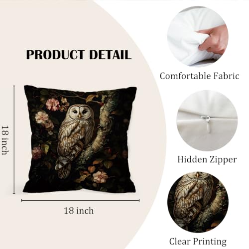 Owl Pillow Cover 18x18 Inch - Vintage Floral Throw Pillowcase