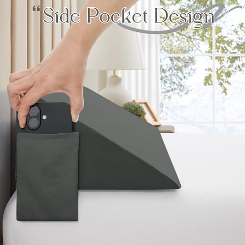 Dark Grey King Size Wedge Pillow Cover with Side Pocket - 76x10x6 Inch