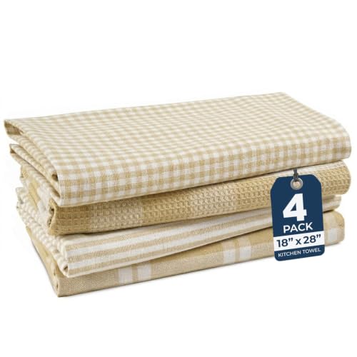 LANE LINEN 18x28 Inch Cotton Dish Towels 4 Pack Beige - Soft & Absorbent Kitchen Towels