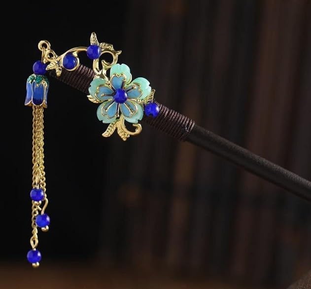 Blue Wooden Hair Stick Vintage Tassel Floral Hairpin for Hanfu
