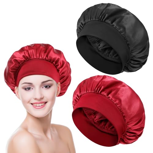 JIYIN 2-Pack Silk Bonnet for Sleeping Satin Hair Wrap (Black & Red)