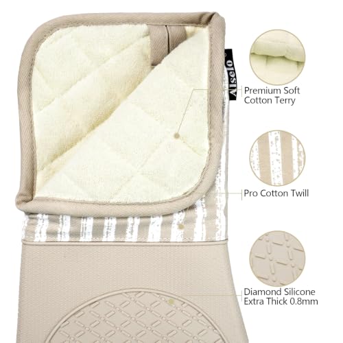 Alselo Extra-Long Silicone Oven Mitts, Heat Resistant Gloves - Khaki, Set of 2