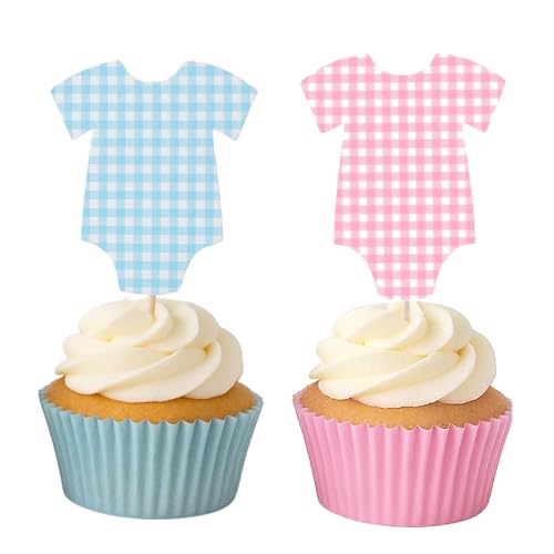 36 Blue & Pink Gingham Cupcake Toppers for Gender Reveal