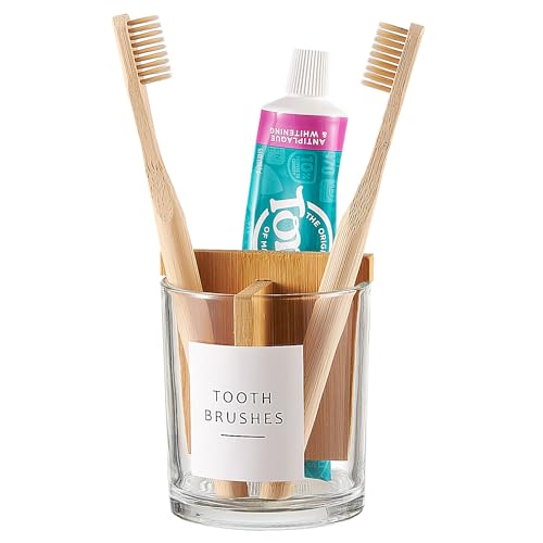 Glass Toothbrush Holder with Bamboo Divider - 3 Compartment Organizer