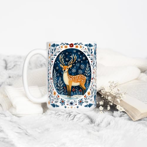Loftipop Winter Woodland Deer Ceramic Coffee Mug 15oz, Festive Holiday Gift