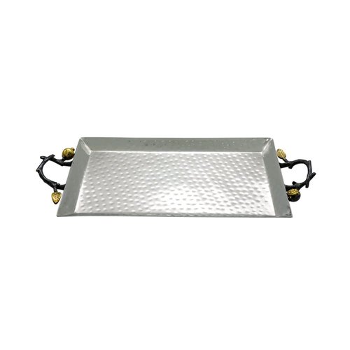 Yair Emanuel Decorative Serving Tray - Hammered Stainless Steel with Gold Accent Decoration (Medium - 6.3" X 11")