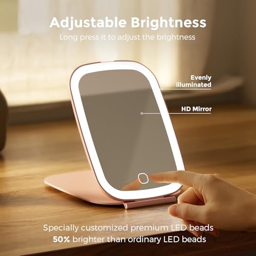 NEZZOE Rechargeable Travel Makeup Mirror with LED Light, 7x5 Pink