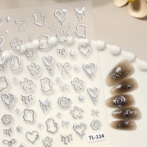SIMAYKUWA Gold Silver Nail Art Stickers - 2-Sheet Metallic Heart Bow Decals