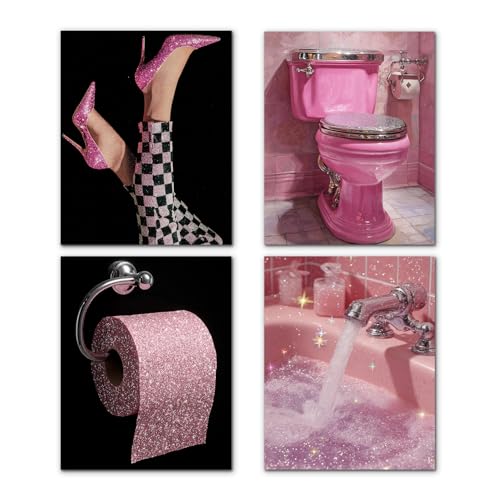 Pink and Black Bathroom Wall Art Prints - Set of 4, 8x10