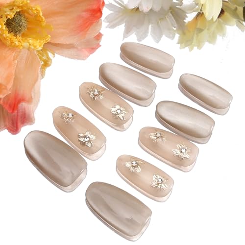 AFGHOUZ Medium Oval Press on Nails, Glitter Cat Eye & Floral Design