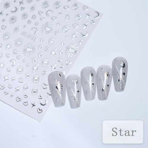 Star Moon Sun 3D Nail Art Stickers Decals Gold Silver 6 Sheets