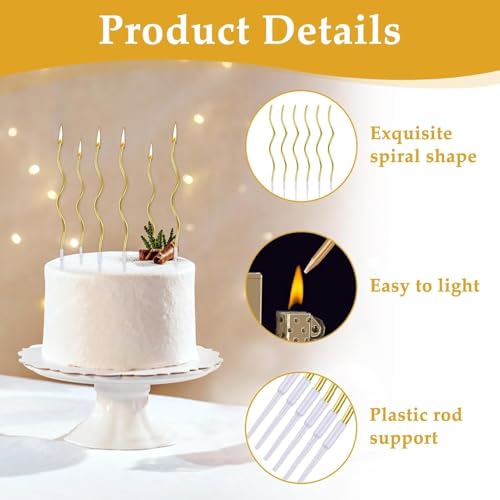 48 Pack Metallic Gold Twisty Birthday Candles - 6.7 Inch Spiral Cake Candles