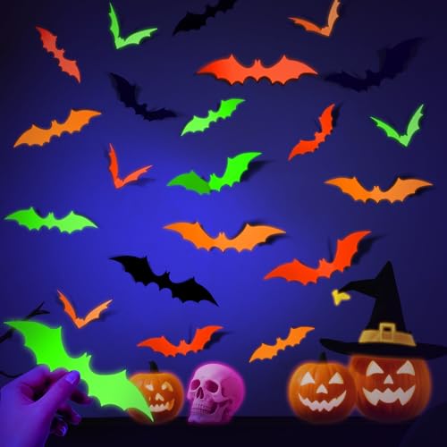 LOLStar 72-Piece 3D Neon Glow Halloween Bat Wall Decals, Fluorescent Decor