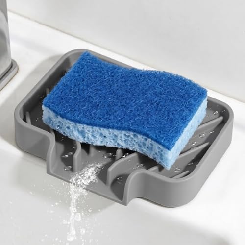 GUUKIN Gray Sponge Holder for Kitchen Sink - 5x3.5 Inch Auto-Draining Soap Tray & Organizer