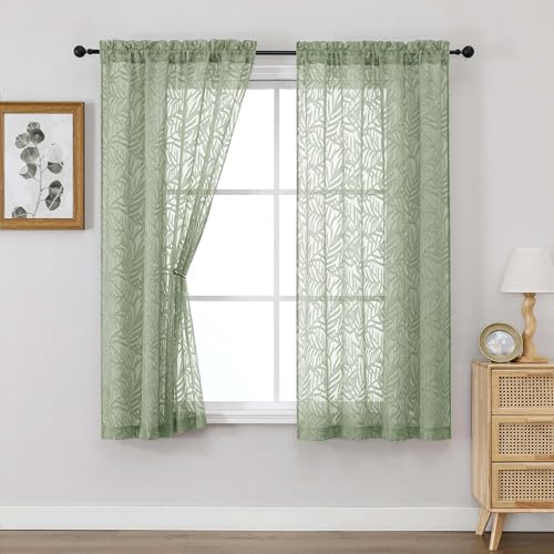 OVZME Sage Green Sheer Curtains 63 Inch Length, Leaf Jacquard 2-Panel Set