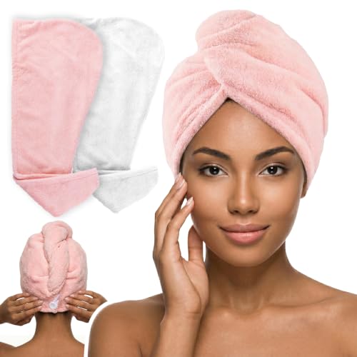 Microfiber Hair Towels Set - Rapid-Dry Turbans, 2 Pack, Pink/White