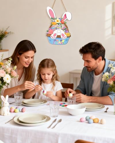 Wooden Easter Wreath - Happy Bunny Basket Door Decoration