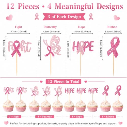 Pink Ribbon Breast Cancer Awareness Cupcake Toppers - 12 Pcs