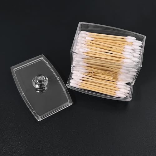 Clear Acrylic Q-Tip Holder with Lid - Compact Bathroom Vanity Storage