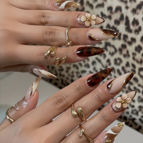 Long Almond Press on Nails Luxury False Nails with Floral Design & Gold Accents 24pcs