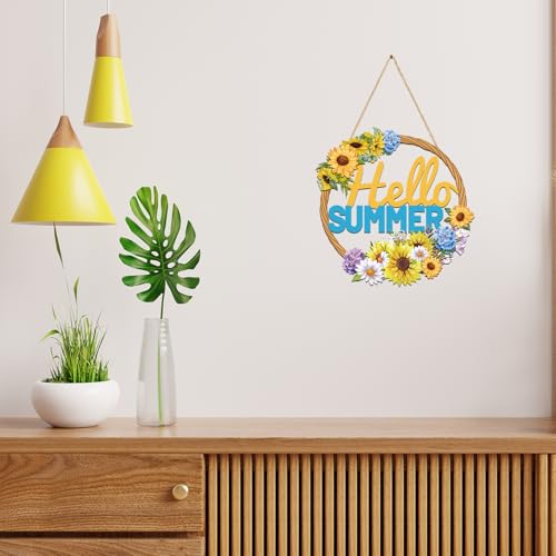 Hello Summer Sunflower Wooden Hanging Sign for Front Door Decor