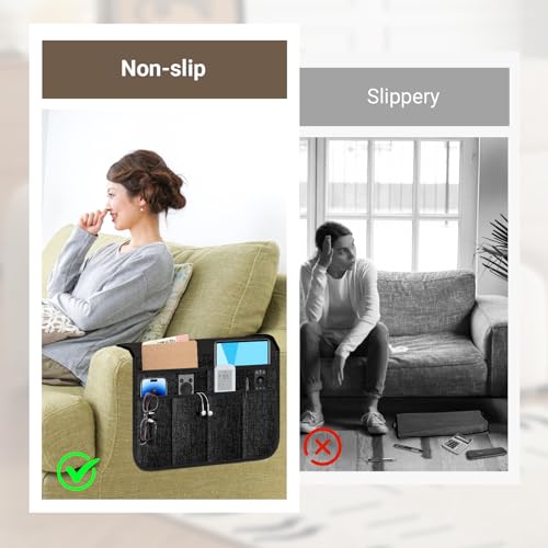 Meeall Non-Slip Armchair Caddy & Remote Control Holder - Black, 6 Pockets