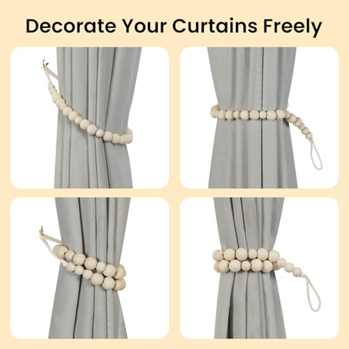 KLOGTSIND Wood Bead Curtain Tiebacks - 2 Pack with Hooks