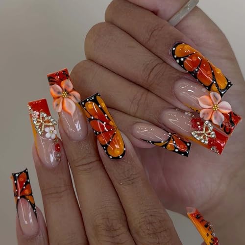 Flower French Tip Press on Nails Long Square 3D Floral Butterfly Fake Nails