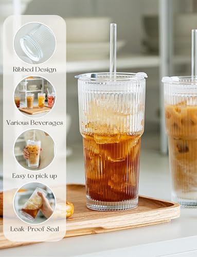 20oz Ribbed Glass Tumblers with Lids & Straws – Clear Ribbed