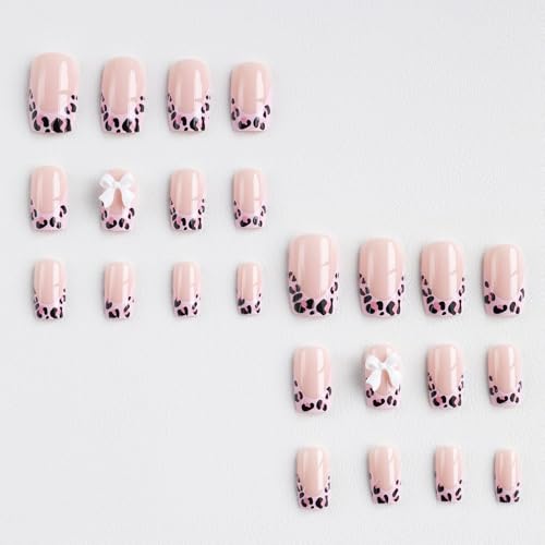 Pink Leopard French Tip Press on Nails with Bow and Rhinestones