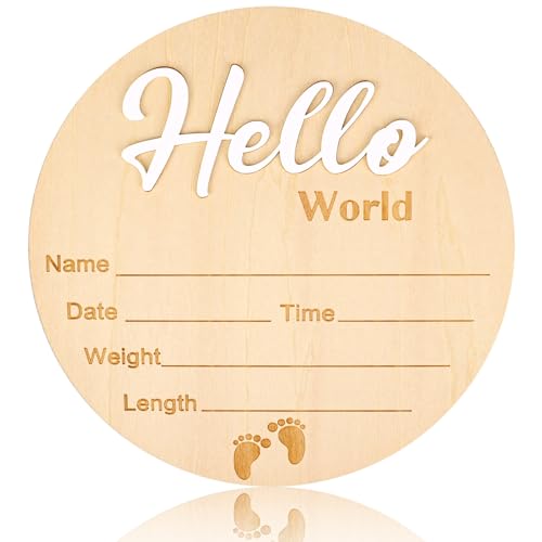 Wooden Baby Announcement Sign - Hello World Newborn Name Plaque