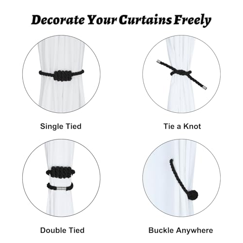 BEL AVENIR Magnetic Hand-Woven Curtain Tiebacks - 2 Pack, Black Cotton