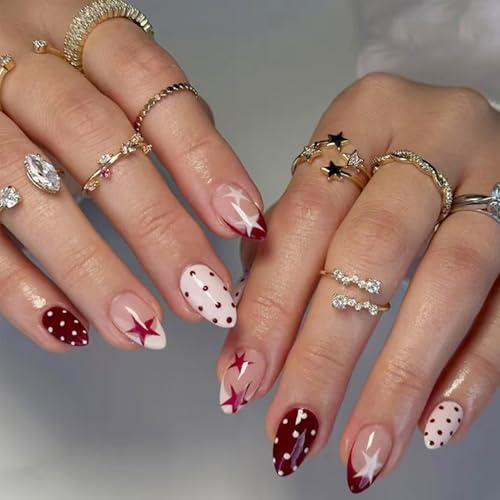Short Almond Press on Nails Pink French Tip with Star and Polka Dot Design