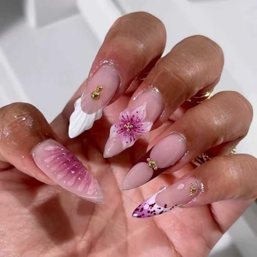Medium Almond Press on Nails 3D Floral French Acrylic Fake Nails Kit