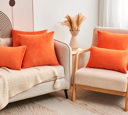 Bright Orange Fall Velvet Throw Pillow Covers Set of 2 18x18 Inches - Farmhouse Boho Decor