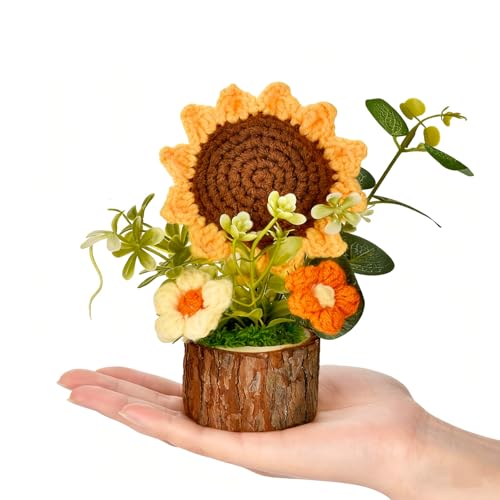 Andvon Crochet Sunflower Bouquet with Wood Base, Mini Desk Decor Gift
