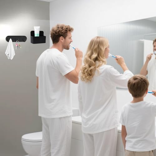 Magnetic Toothbrush Holder with Hooks - Black, No Drilling for Cruises