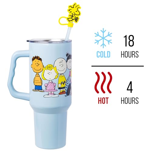 Silver Buffalo Peanuts Gang Charlie Brown, Snoopy, Woodstock, Lucy, Sally, Linus, Double Walled Stainless Steel Tumbler with Handle, Straw, and Straw Cap, Fits in Standard Cup Holder, 40 Ounces