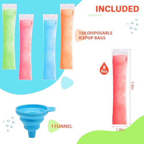 Amintiri Disposable Ice Pop Bags with Zip Seals & Funnel - 150 Pack