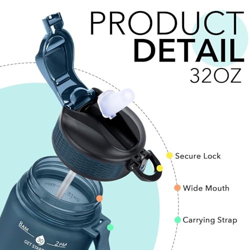 Hyeta 32oz Motivational Water Bottle with Straw - Navy Blue-Green Ombré