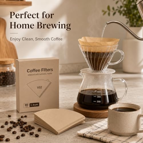 Unbleached Disposable Cone Coffee Filters #2, 100 Count - Natural Paper for Pour Over & Drip Brew