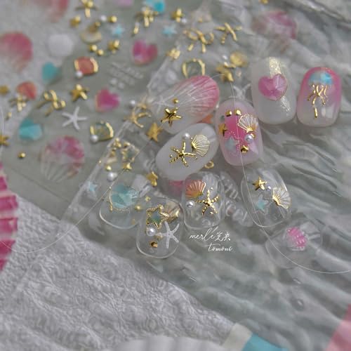 5D Embossed Ocean Nail Stickers - Pearl Seashell, Starfish & Jellyfish Decals
